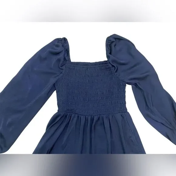 GAP Navy Smocked Bust Square Neck Long Sleeve Midi Dress - Picture 4 of 11